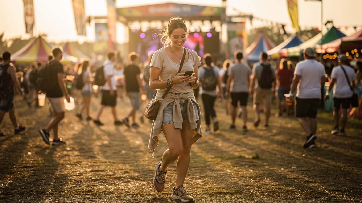 En ung kvinna med hörlurar och en smartphone i handen, navigerar genom en folkmassa på en europeisk musikfestival under en solig eftermiddag.