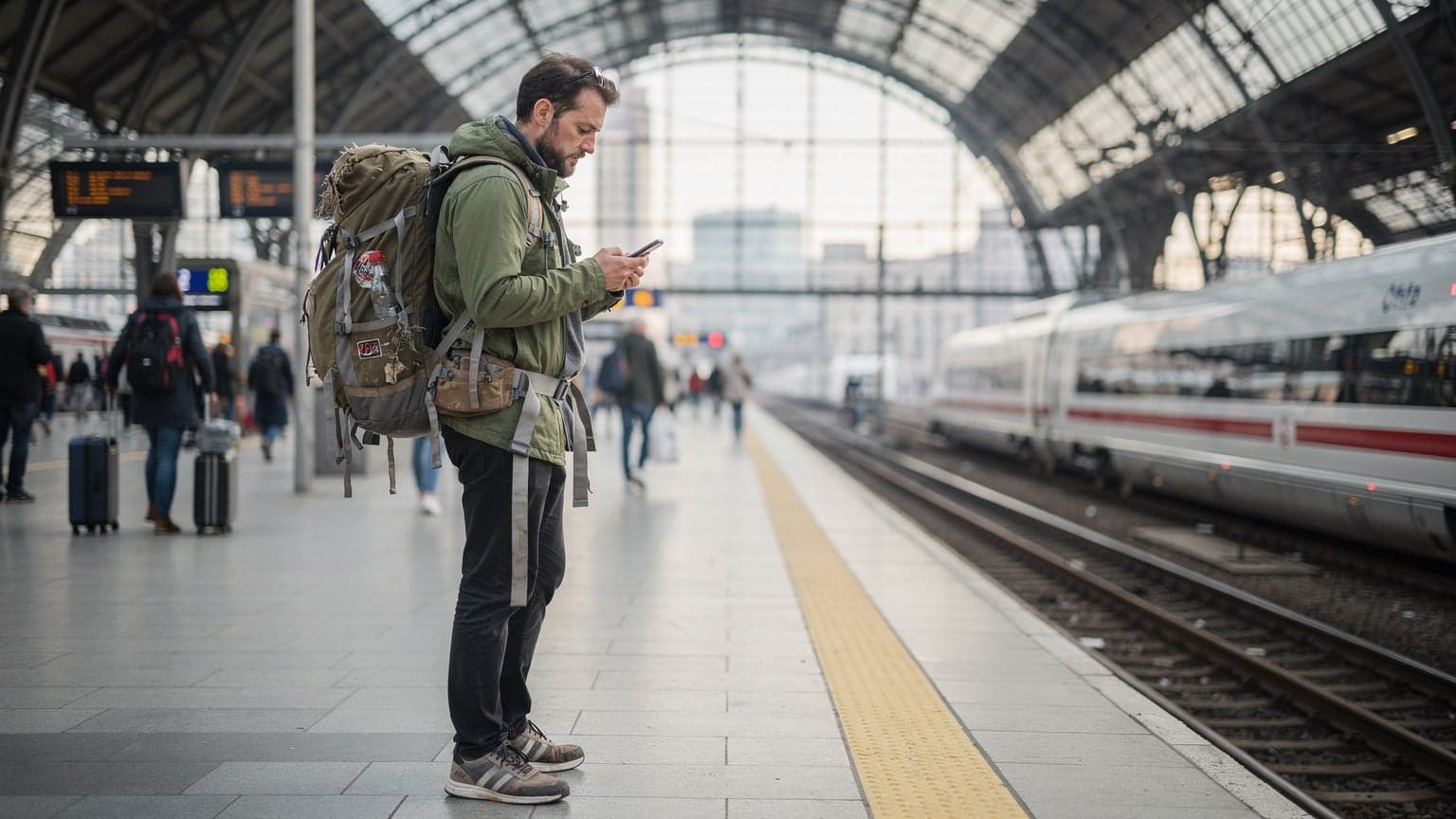 A young backpacker in a busy European train station, checking their phone for directions while standing next to a large, well-worn travel pack.