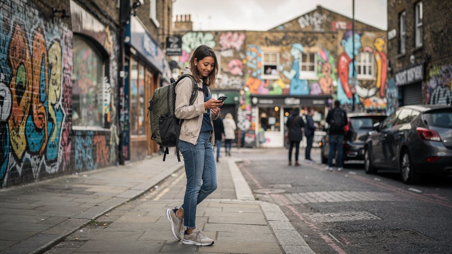 Mladá žena s batůžkem a mobilním telefonem prochází rušnou ulicí v londýnské čtvrti Shoreditch, obklopená graffiti a vintage obchody, s typickými červenými cihlovými domy v pozadí.
