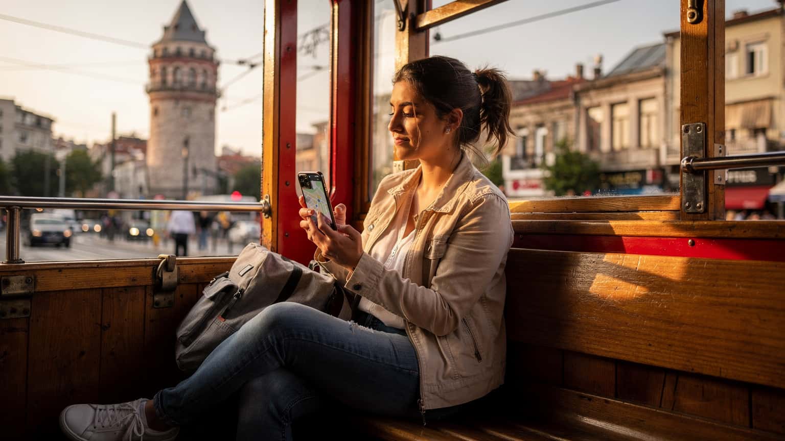 İstanbul'da tarihi bir tramvayda oturan, telefonunda harita uygulamasına bakan bir kadın, pencereden Galata Kulesi manzarası görünüyor.