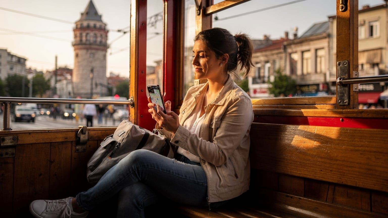 İstanbul'da tarihi bir tramvayda oturan, telefonunda harita uygulamasına bakan bir kadın, pencereden Galata Kulesi manzarası görünüyor.