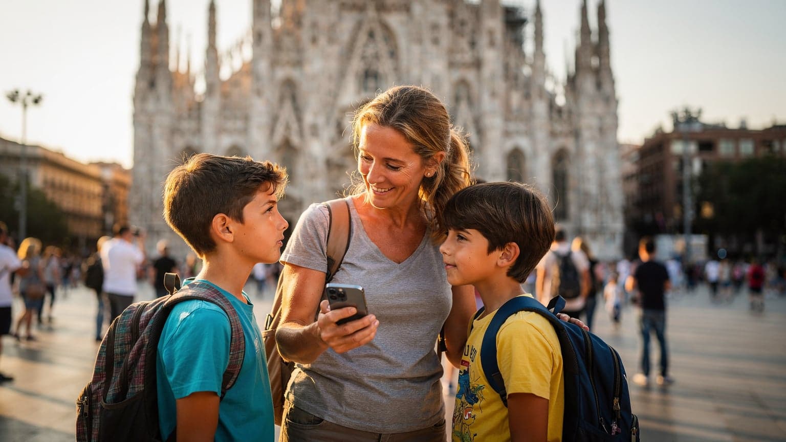 Barselona'da Gaudi'nin Sagrada Familia'sı önünde, çocuklarıyla birlikte gülümseyerek telefonuna bakan bir anne.