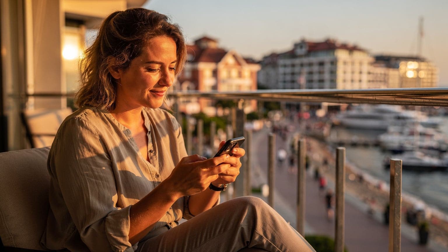 Žena si pri západe slnka na balkóniku hotela v Bulharsku aktivuje eSIM na smartfóne, s výhľadom na Čierne more a prístav, pričom popíja kávu.