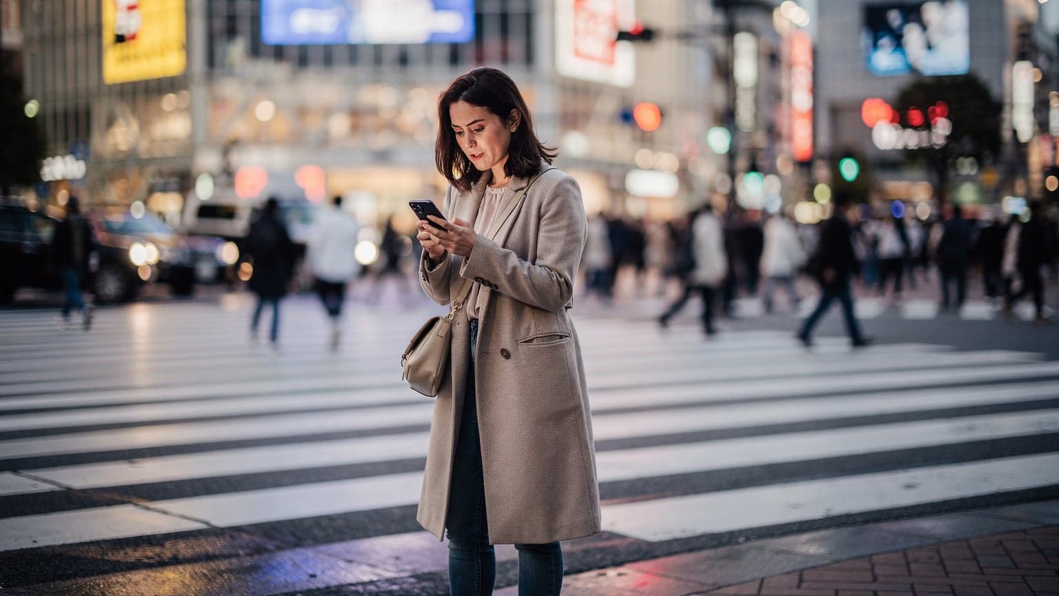 A traveler in Tokyo's Shibuya crossing looking at her phone, with the iconic scramble intersection and neon signs blurred in the background, conveying a sense of needing connectivity in a busy urban environment.