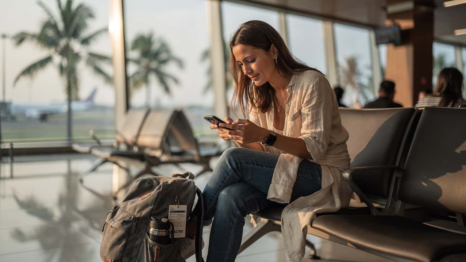 A traveler at Ngurah Rai International Airport in Bali, looking at their smartphone with a serene expression, a suitcase beside them.