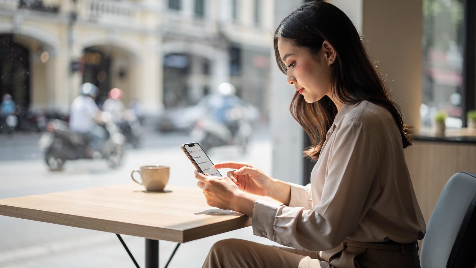 Một người phụ nữ trẻ đang ngồi tại bàn làm việc trong quán cà phê hiện đại ở Thành phố Hồ Chí Minh, tay cầm điện thoại thông minh xem thông tin về eSIM Vinaphone, phía sau là cửa sổ nhìn ra đường phố nhộn nhịp.