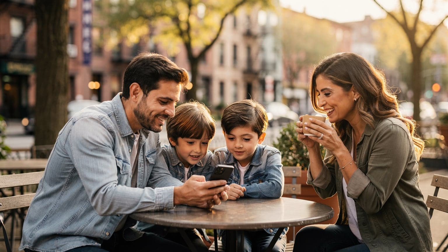 Una famiglia italiana, padre, madre e due bambini, seduta a un tavolo all'aperto in un caffè di Brooklyn, New York, mentre il padre mostra qualcosa sul suo telefono e i bambini guardano con interesse. Si intravedono bicchieri di succo e piccole torte sul tavolo.
