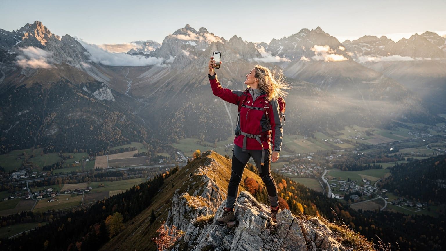 En kvinne med en ryggsekk står på en fjelltopp i de østerrikske Alpene, nyter utsikten og holder en smarttelefon i hånden med et eSIM-ikon på skjermen.