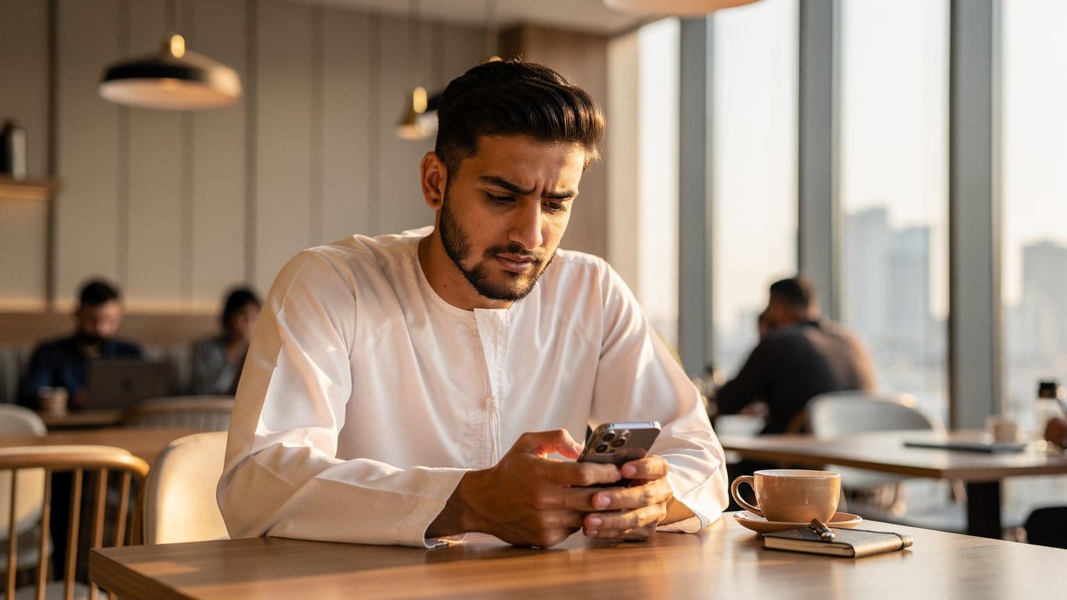 شاب عربي يجلس في مقهى راقٍ بالرياض، يحدق في هاتفه الذكي، مع شعار زين يظهر على الشاشة، وقهوة عربية بجانبه.