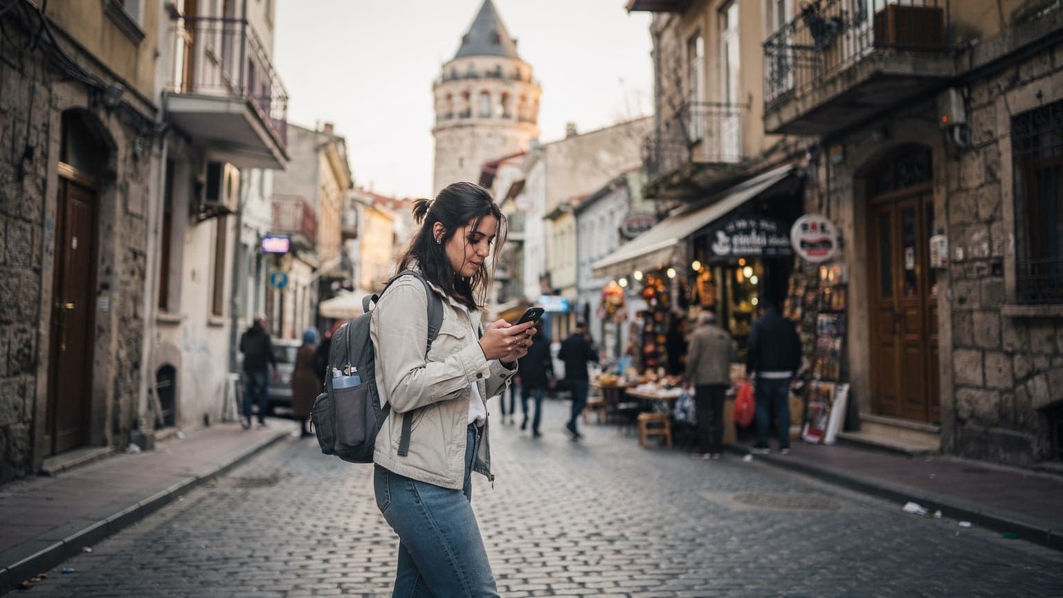 A woman confidently navigating a busy street in Istanbul, looking at her phone for directions, with the historic Galata Tower in the background under soft morning light.