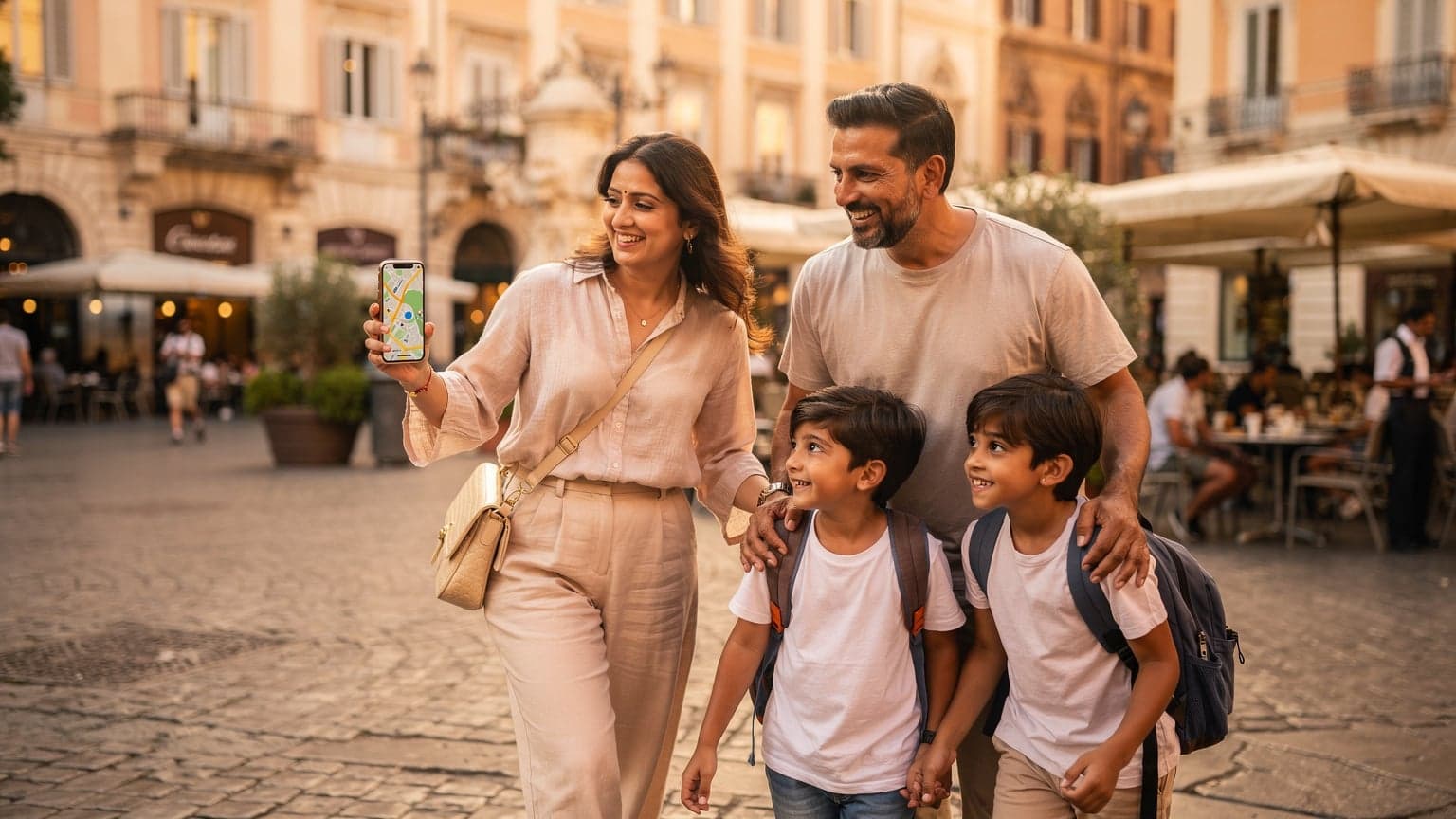 एक भारतीय परिवार स्वतंत्रता दिवस और रक्षा बंधन के लंबे वीकेंड पर यूरोप के एक खूबसूरत शहर में घूम रहा है, उनके फोन पर eSIM का उपयोग करके नेविगेशन ऐप चल रहा है.