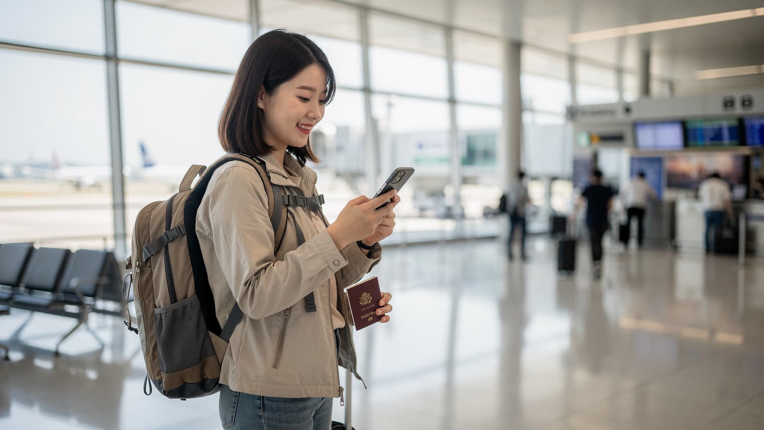 서울의 분주한 김포공항 국제선 출발 게이트 앞에서 여권을 손에 든 채 스마트폰으로 eSIM 활성화 과정을 확인하는 젊은 한국 여성 여행자의 모습.