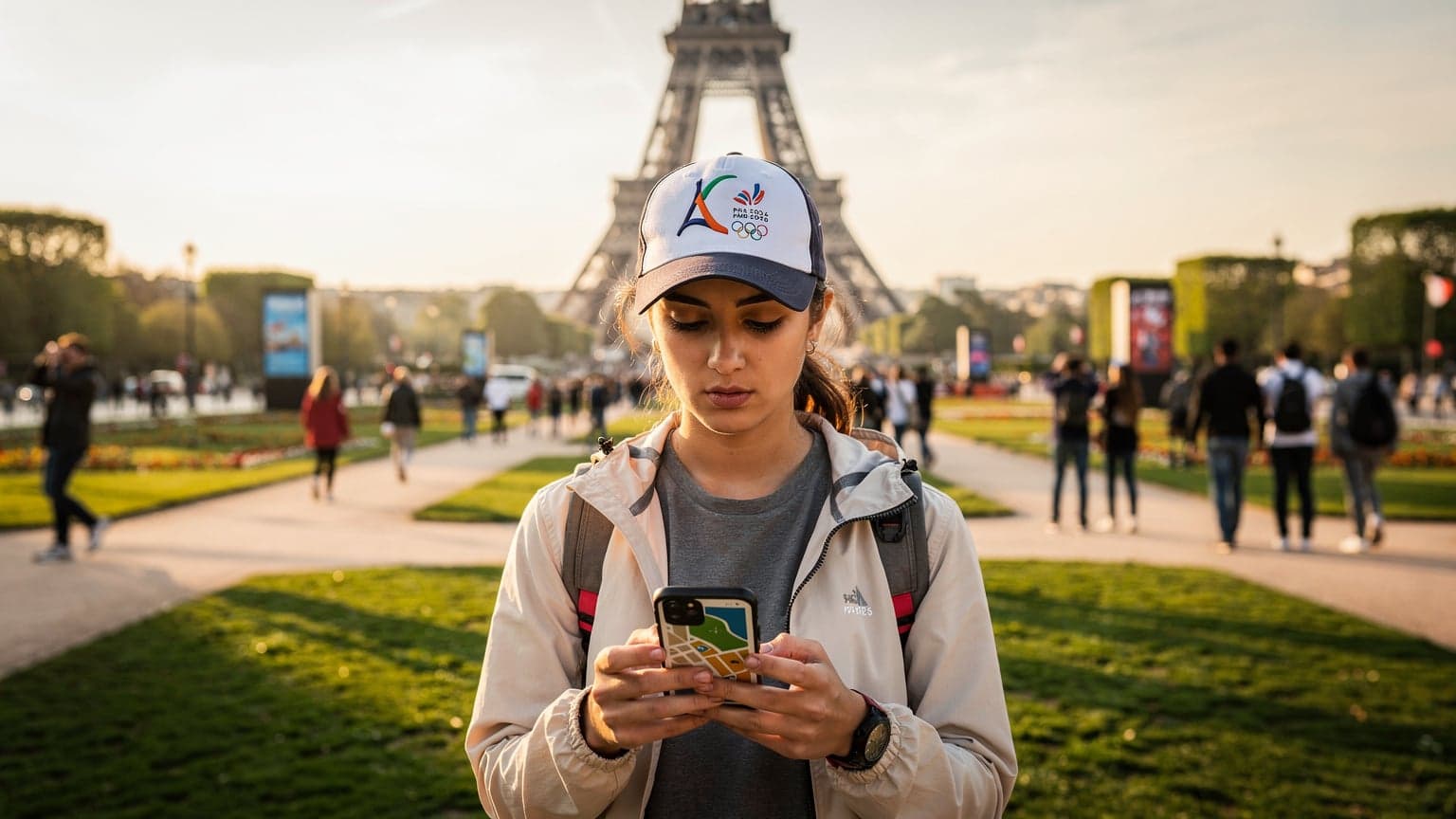 Paris'te Eyfel Kulesi önünde, 2026 Olimpiyatları logolu şapka takan genç bir Türk gezgin, akıllı telefonunda bir haritayı inceliyor, arka planda kalabalık ve canlı bir atmosfer var.