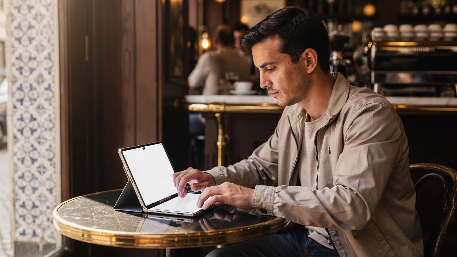 Uma pessoa sentada em um café movimentado de Lisboa, usando um Samsung Galaxy Z Fold 8 aberto em uma mesa de madeira, com uma xícara de café ao lado e azulejos portugueses em segundo plano.