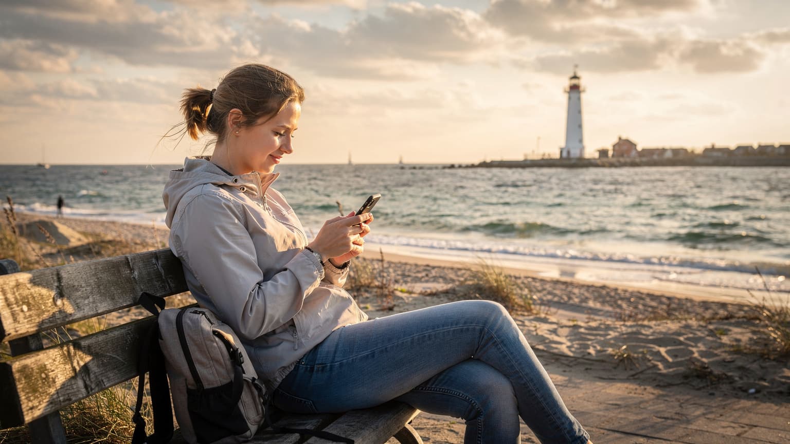 Młoda kobieta z uśmiechem przegląda mapę na smartfonie, siedząc na ławce nad Morzem Bałtyckim w Świnoujściu, z latarnią morską w tle podczas słonecznego popołudnia.