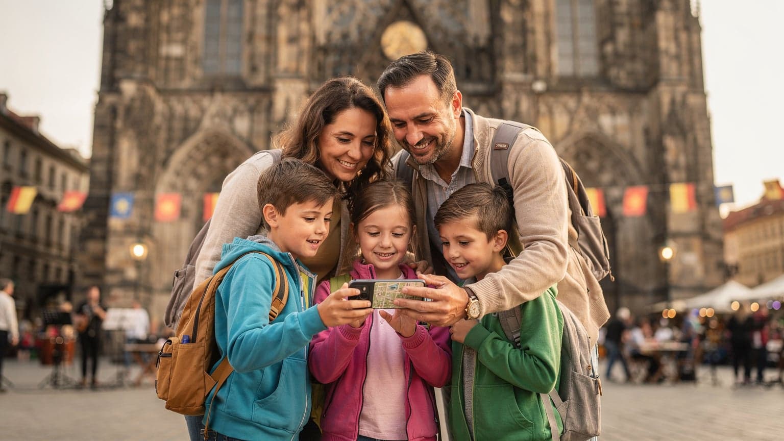 O familie zâmbitoare, părinți și doi copii, navigând pe o aplicație de hărți pe un telefon mobil în fața Catedralei Sfântul Vit din Praga, în timpul unui festival de artă, cu baloane colorate în fundal.