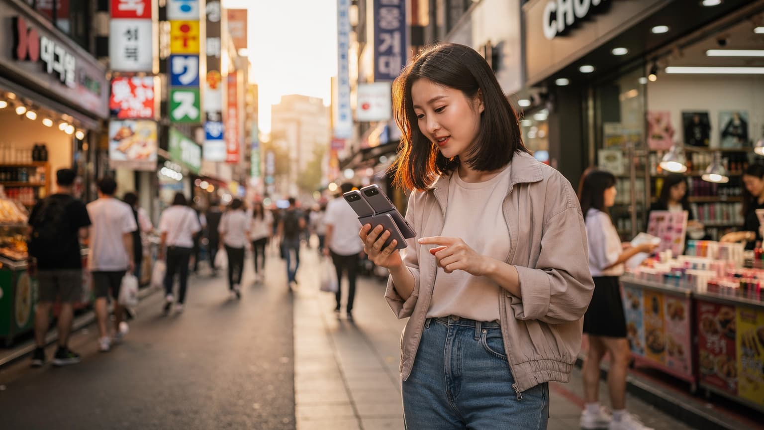 서울 명동 거리에서 갤럭시 Z플립6를 들고 길을 찾는 한국인 여행객의 모습