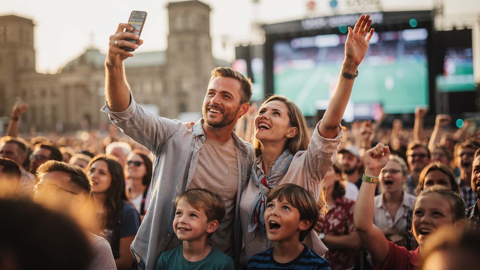 Eine junge Familie, bestehend aus Vater, Mutter und zwei Kindern, jubelt begeistert beim Public Viewing des EM-Finales 2026 in einer belebten deutschen Stadt, während sie auf einem großen Bildschirm ein Tor sehen.