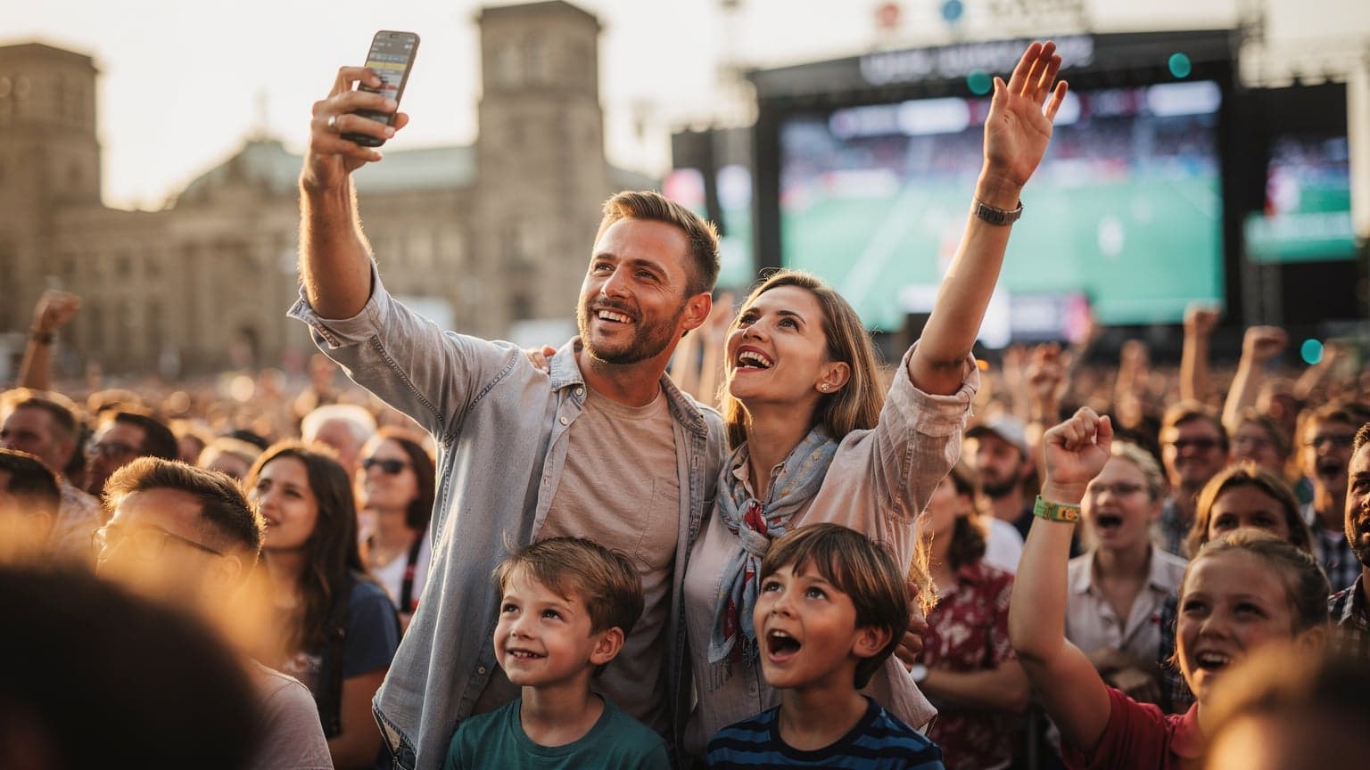 Eine junge Familie, bestehend aus Vater, Mutter und zwei Kindern, jubelt begeistert beim Public Viewing des EM-Finales 2026 in einer belebten deutschen Stadt, während sie auf einem großen Bildschirm ein Tor sehen.