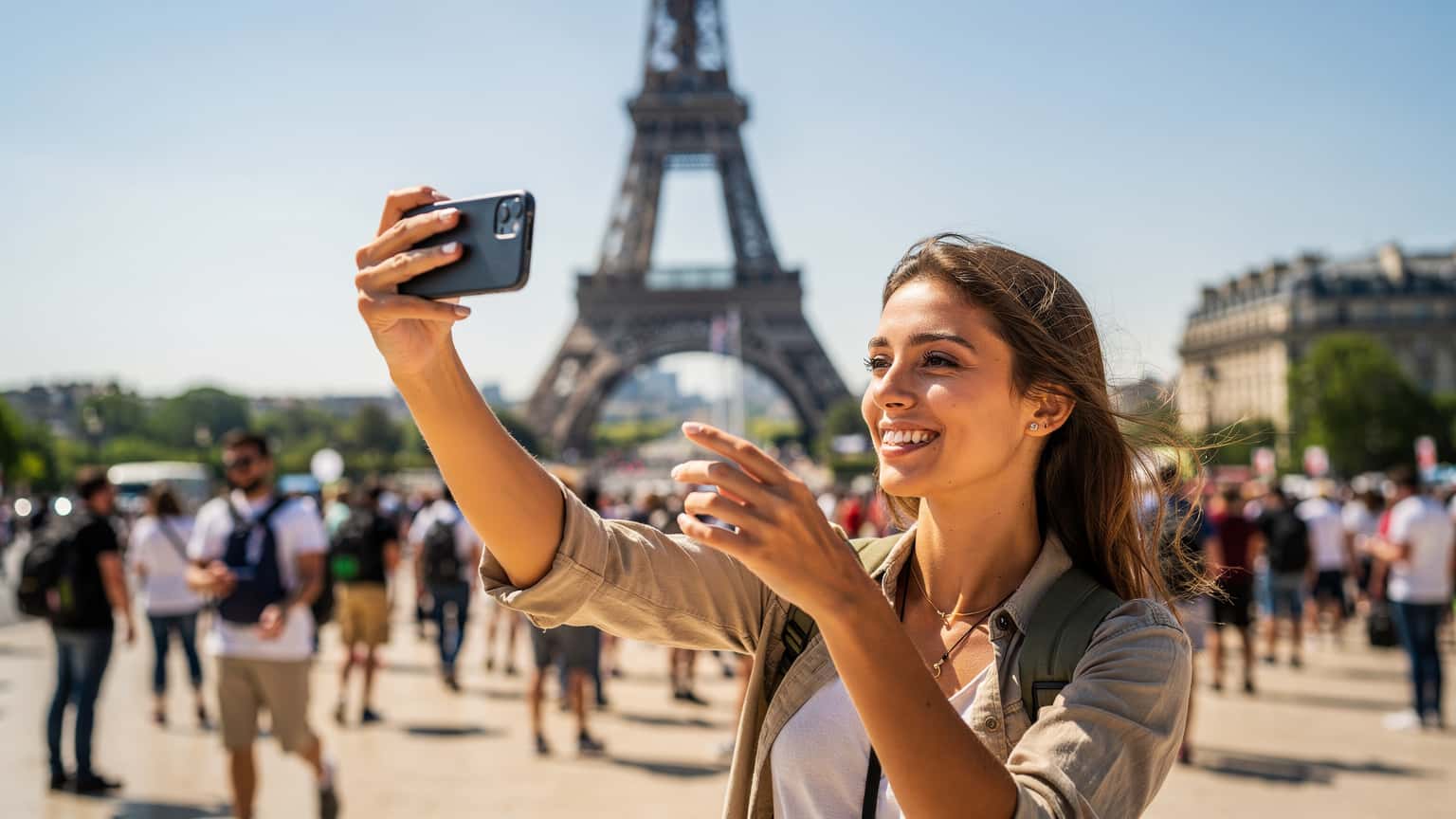 Une femme souriante, téléphone à la main, prend une photo de la Tour Eiffel sous un ciel bleu clair, avec une foule animée en arrière-plan.