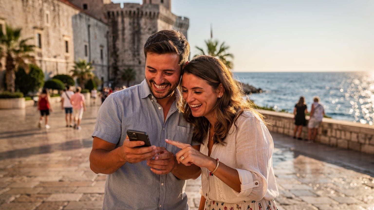 Ein Paar lacht, während es auf einer belebten Promenade in Dubrovnik, Kroatien, auf ein Smartphone schaut, das eine Landkarte anzeigt, mit dem Adriatischen Meer und alten Stadtmauern im Hintergrund.