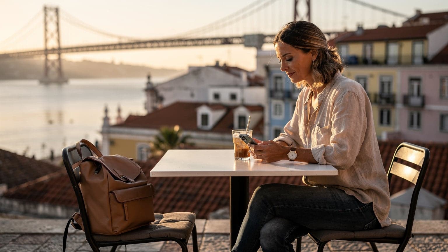 Une voyageuse consulte son téléphone sur une terrasse ensoleillée, avec le port de Lisbonne et le pont du 25 Avril en arrière-plan, suggérant une connexion facile et relaxante.