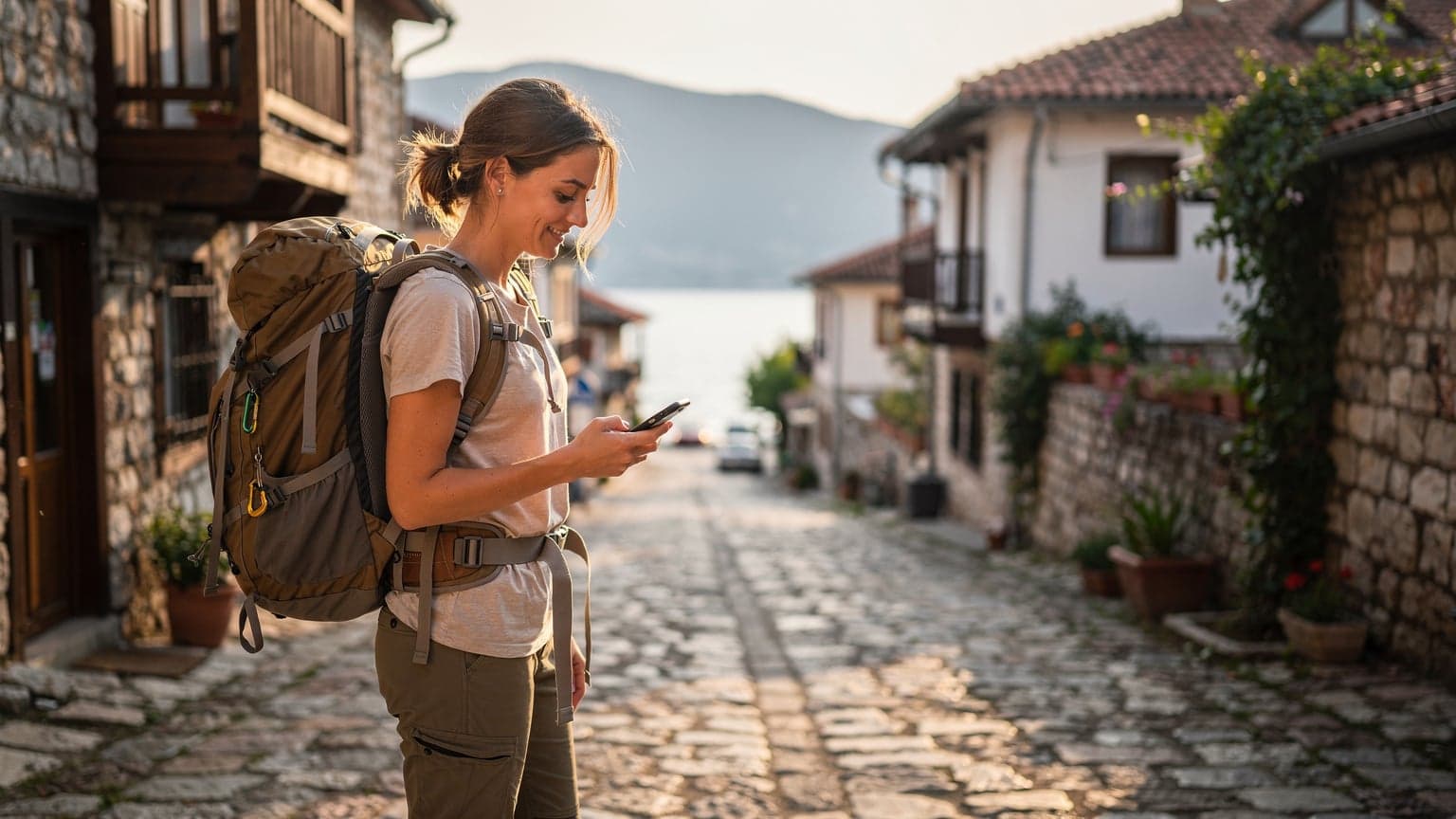 O femeie tânără cu rucsac, zâmbind, consultând harta pe telefonul ei compatibil eSIM pe o stradă pietruită din Ohrid, Macedonia de Nord, cu lacul și munții în fundal.