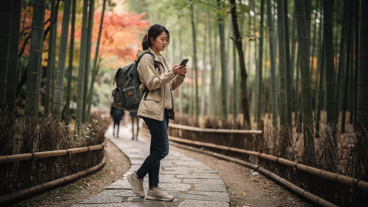 一名旅行者在日本京都嵐山竹林小徑中,手持智能手機,屏幕上顯示著楓葉地圖,背景是金黃色的秋日陽光透過竹林灑下的斑駁光影。