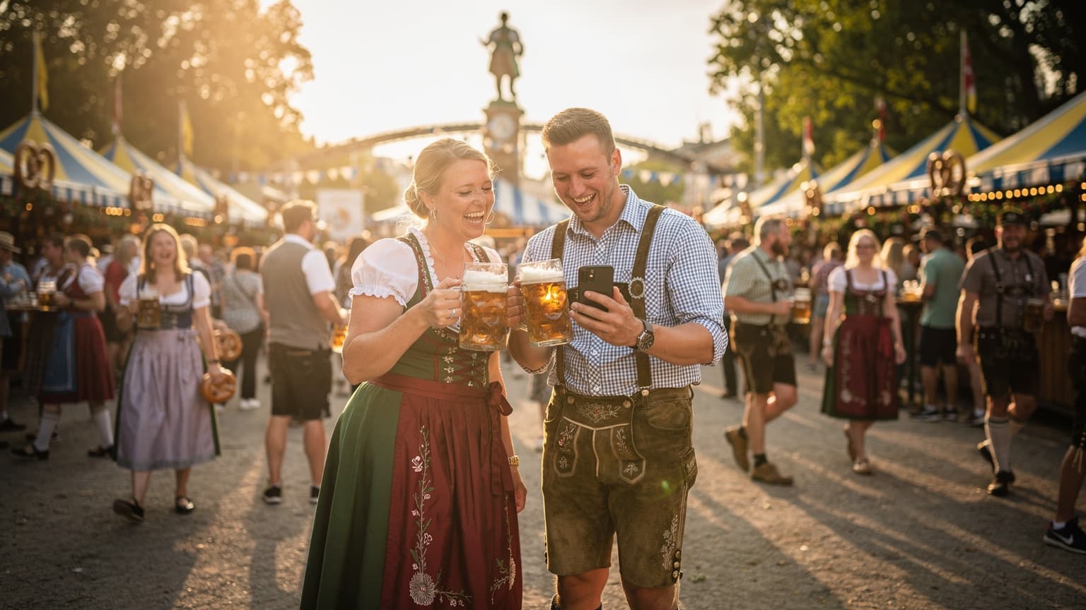 En kvinne i tradisjonell dirndl og en mann i lederhosen ler sammen mens de holder hver sin ølkrus, med en smarttelefon i mannens hånd som viser et kart over München, fanget på Theresienwiese under Oktoberfest.