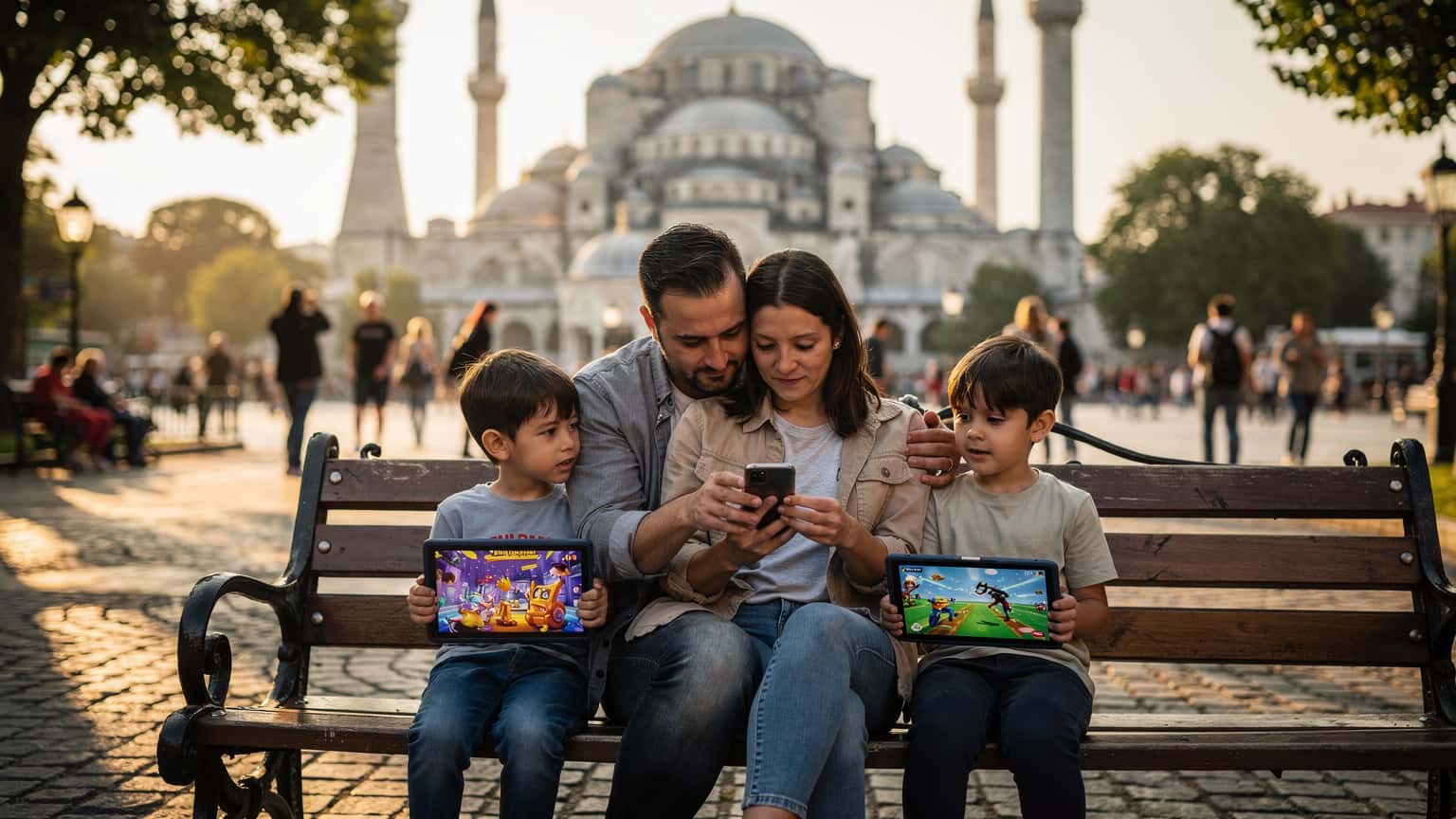 O familie cu doi copii, vârste 8 și 11, stă pe o bancă în fața Moscheii Albastre din Istanbul, Turcia, privind ecranele telefoanelor și tabletelor, în timp ce părinții verifică o hartă digitală pe un telefon compatibil eSIM.