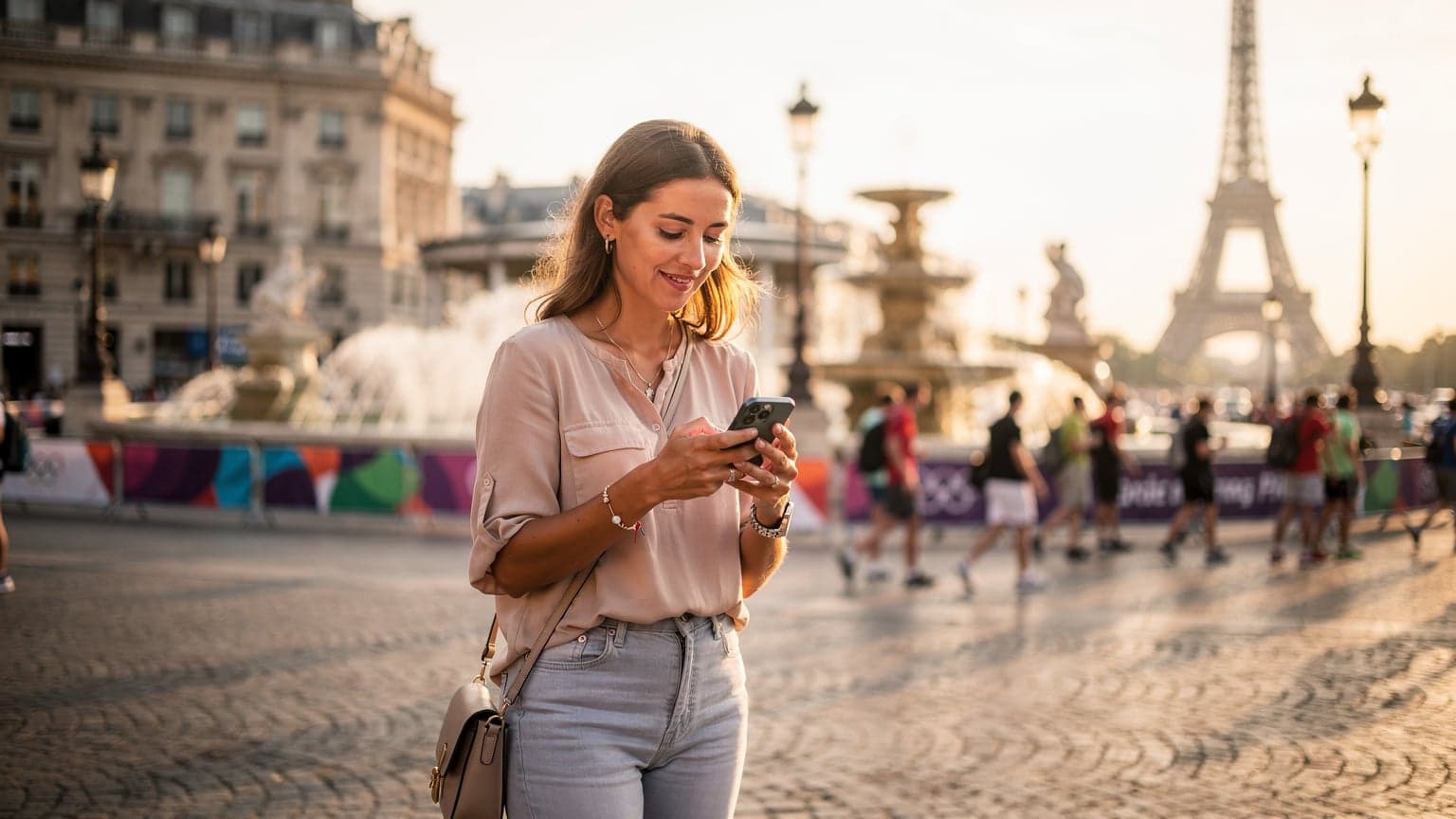 Een jonge vrouw navigeert met haar smartphone op het Place de la Concorde in Parijs, met de Eiffeltoren op de achtergrond, tijdens de Olympische Spelen van 2026.
