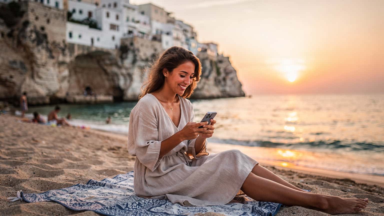 Una giovane donna sorride mentre scorre il telefono su una spiaggia affollata di Polignano a Mare, con le scogliere bianche e il mare Adriatico sullo sfondo, durante il tramonto.