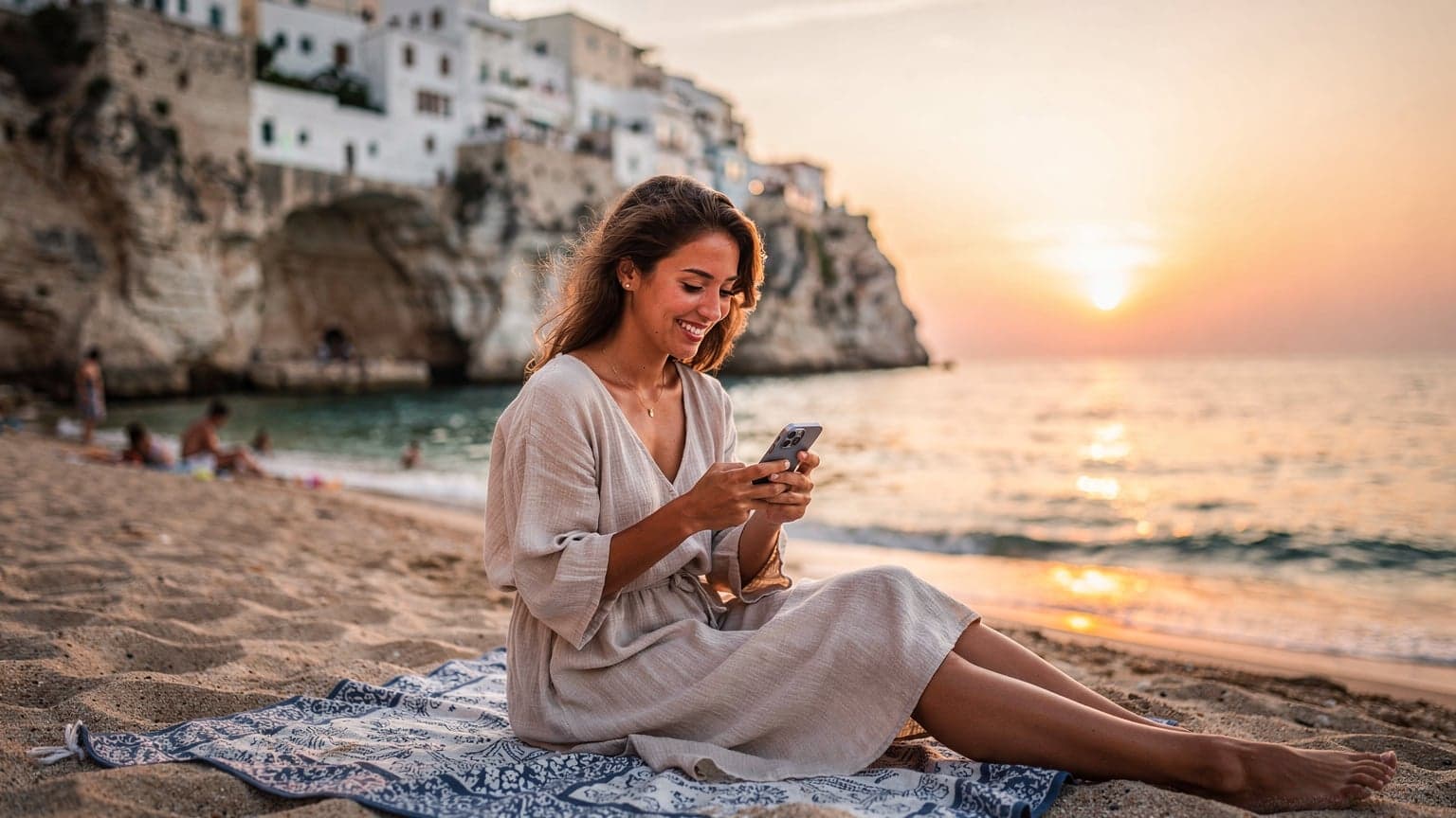 Una giovane donna sorride mentre scorre il telefono su una spiaggia affollata di Polignano a Mare, con le scogliere bianche e il mare Adriatico sullo sfondo, durante il tramonto.
