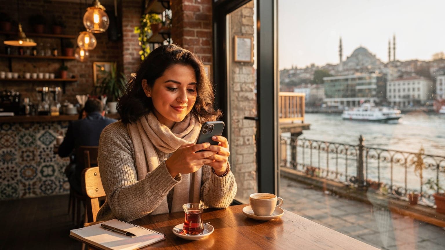 İstanbul'un Karaköy semtinde, bir kafenin penceresinden dışarıyı seyreden, elinde akıllı telefonuyla eSIM QR kodunu tarayan bir kadın.