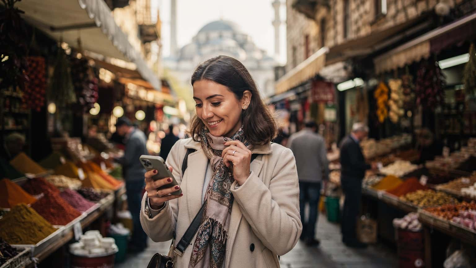 Eine junge Frau navigiert mit ihrem Smartphone auf einem belebten Markt im Eminönü-Viertel in Istanbul, die Blaue Moschee ist im Hintergrund zu sehen.
