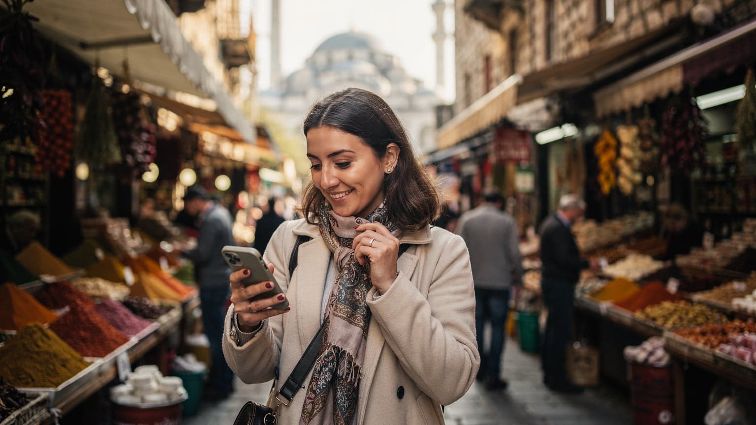 Eine junge Frau navigiert mit ihrem Smartphone auf einem belebten Markt im Eminönü-Viertel in Istanbul, die Blaue Moschee ist im Hintergrund zu sehen.