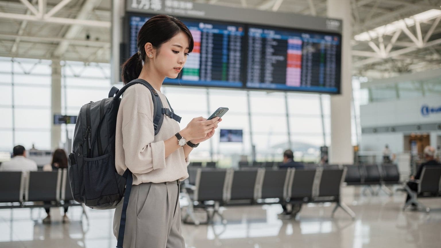 大阪の関空国際線出発ロビーで、リュックサックを背負った若い日本人女性が、フライト情報ボードを見上げながらスマートフォンでeSIM設定を最終確認している様子。