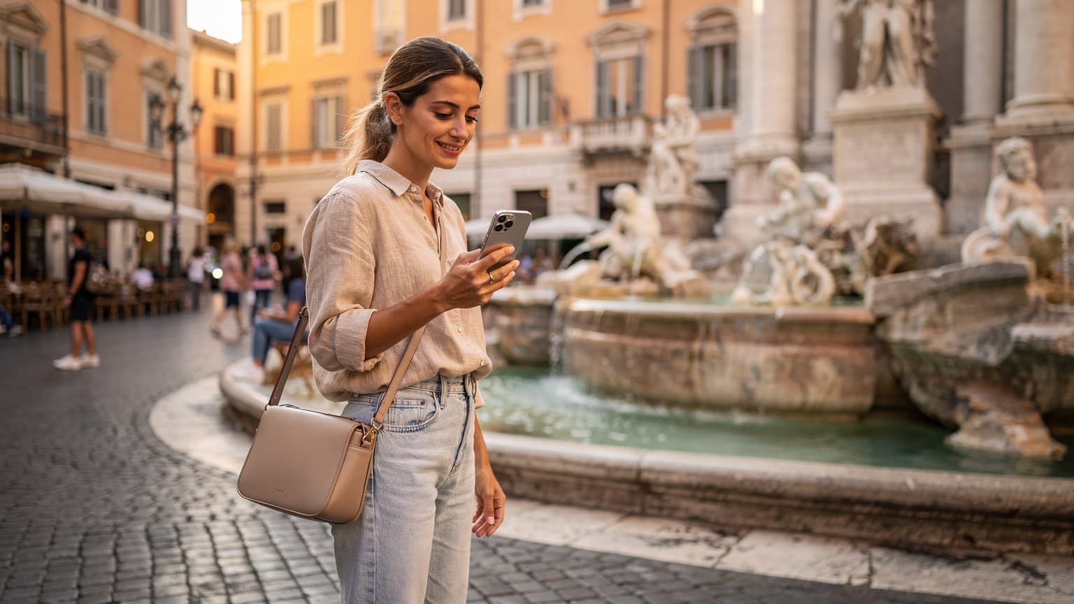 Yeni iPhone 18'ini elinde tutan ve bir Avrupa şehrinin hareketli sokaklarında eSIM QR kodunu tarayan bir gezginin yakın çekimi, arka planda tarihi binalar ve yerel halk.