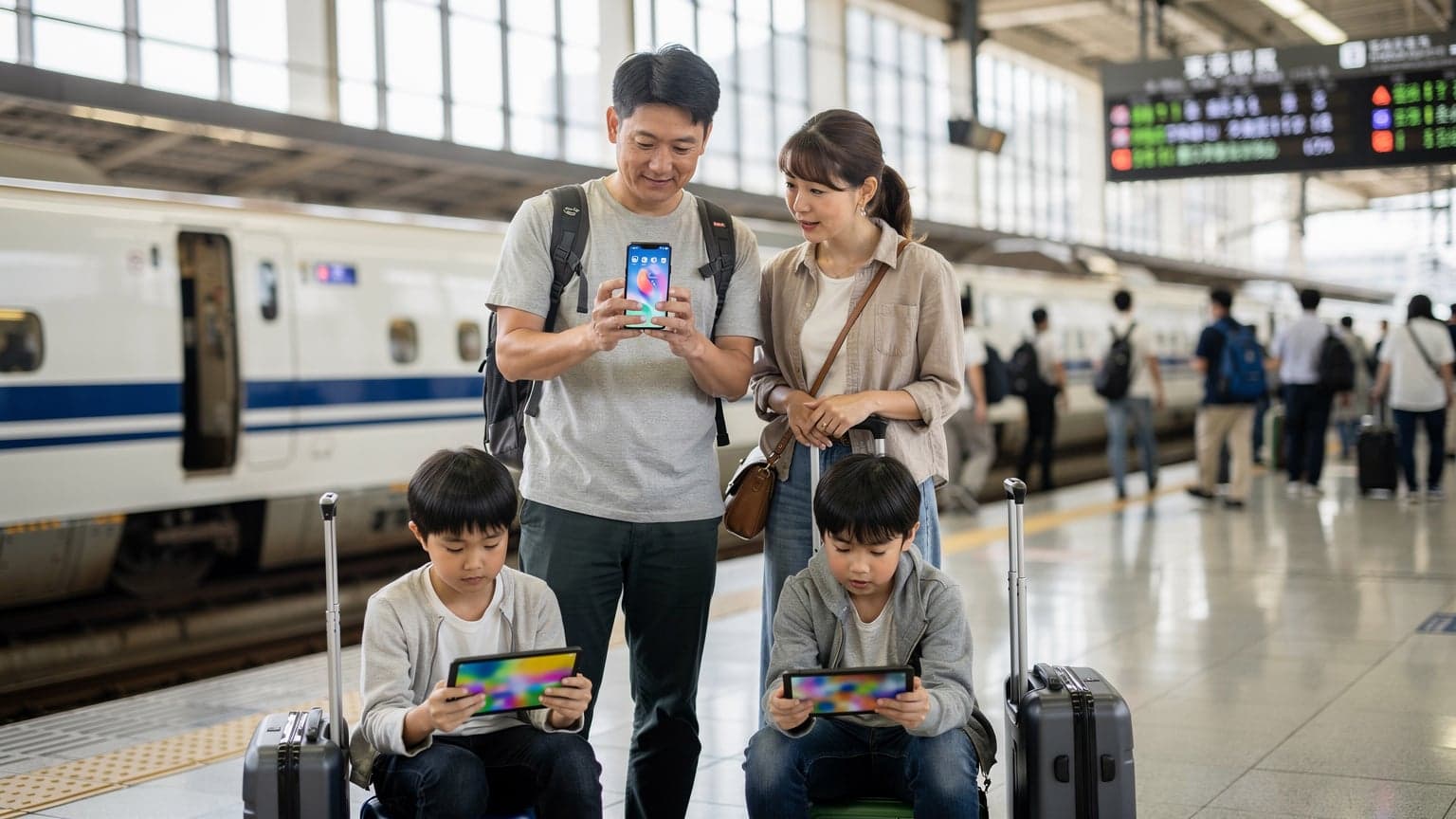 東京駅の新幹線ホームで、iPhone 18を手に旅の準備をする家族の様子。子供たちはiPadでアニメを見ており、父親はCellesimのeSIM設定画面を確認している。