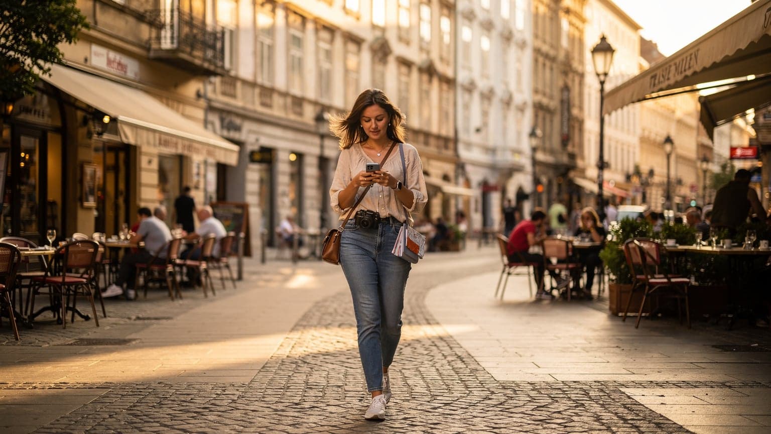A woman confidently walking through the bustling Váci Street in Budapest, Hungary, with a smartphone in hand and a historic building in the background.