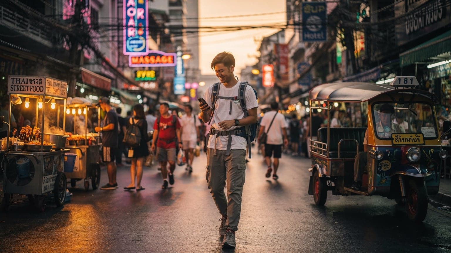 一名中國年輕背包客在泰國曼谷街頭,手持手機查看地圖,背景是熙熙攘攘的夜市與閃爍的霓虹燈。