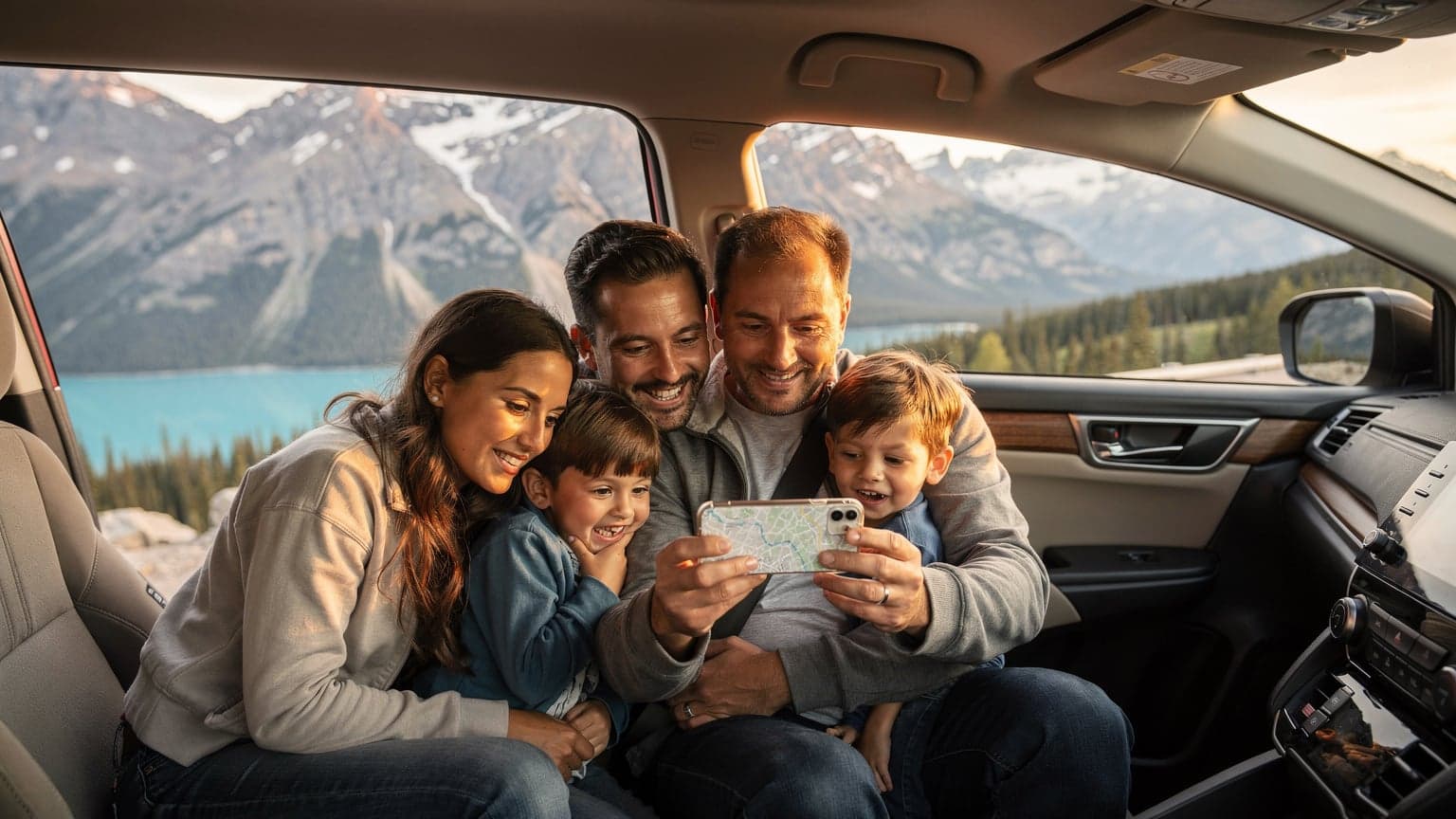 Une famille avec deux enfants, un garçon et une fille, souriant et regardant un téléphone sur lequel une carte est affichée, assis dans une voiture devant un paysage montagneux typique des Rocheuses canadiennes sous un ciel légèrement nuageux.