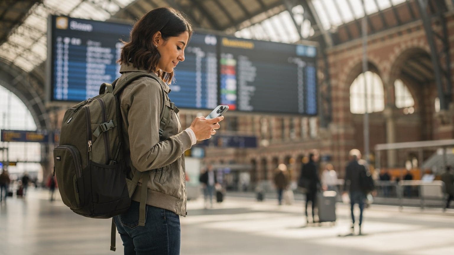 Een vrouw met een iPhone 18 in de hand, kijkend naar een digitaal OV-scherm op station Amsterdam Centraal, klaar voor een zomervakantie.