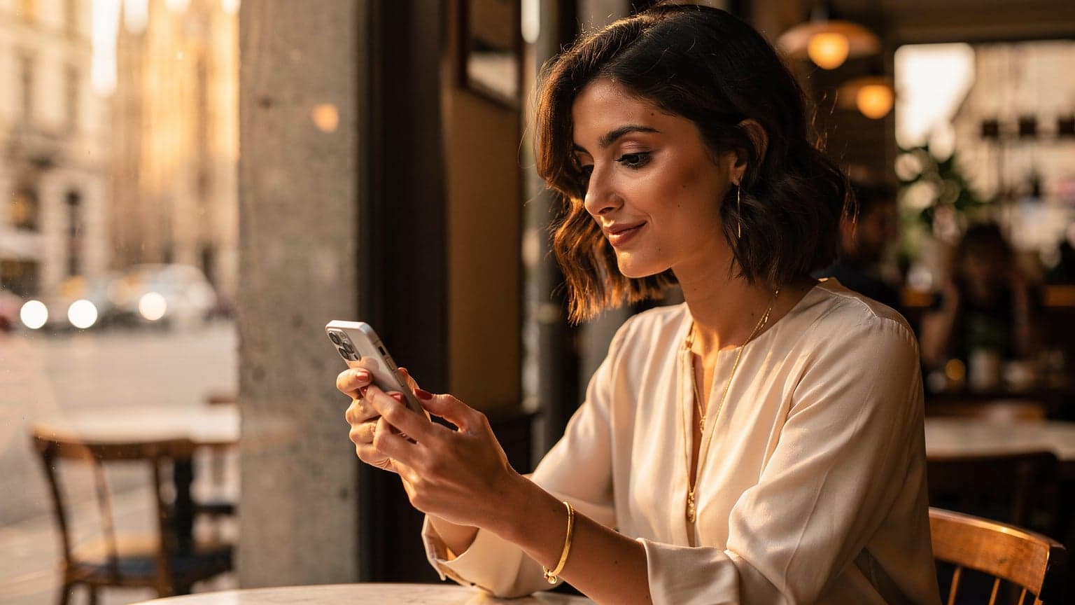 Una persona sorridente consulta il suo iPhone 17 in un caffè affollato vicino al Duomo di Milano, con la luce dorata del tramonto che filtra dalle finestre.