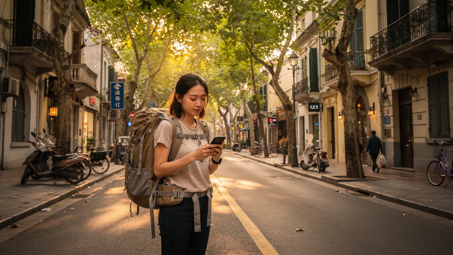 A female backpacker in her late 20s, with a well-worn travel backpack, checking her phone for directions on a bustling street in Shanghai's French Concession, surrounded by plane trees and historic architecture.