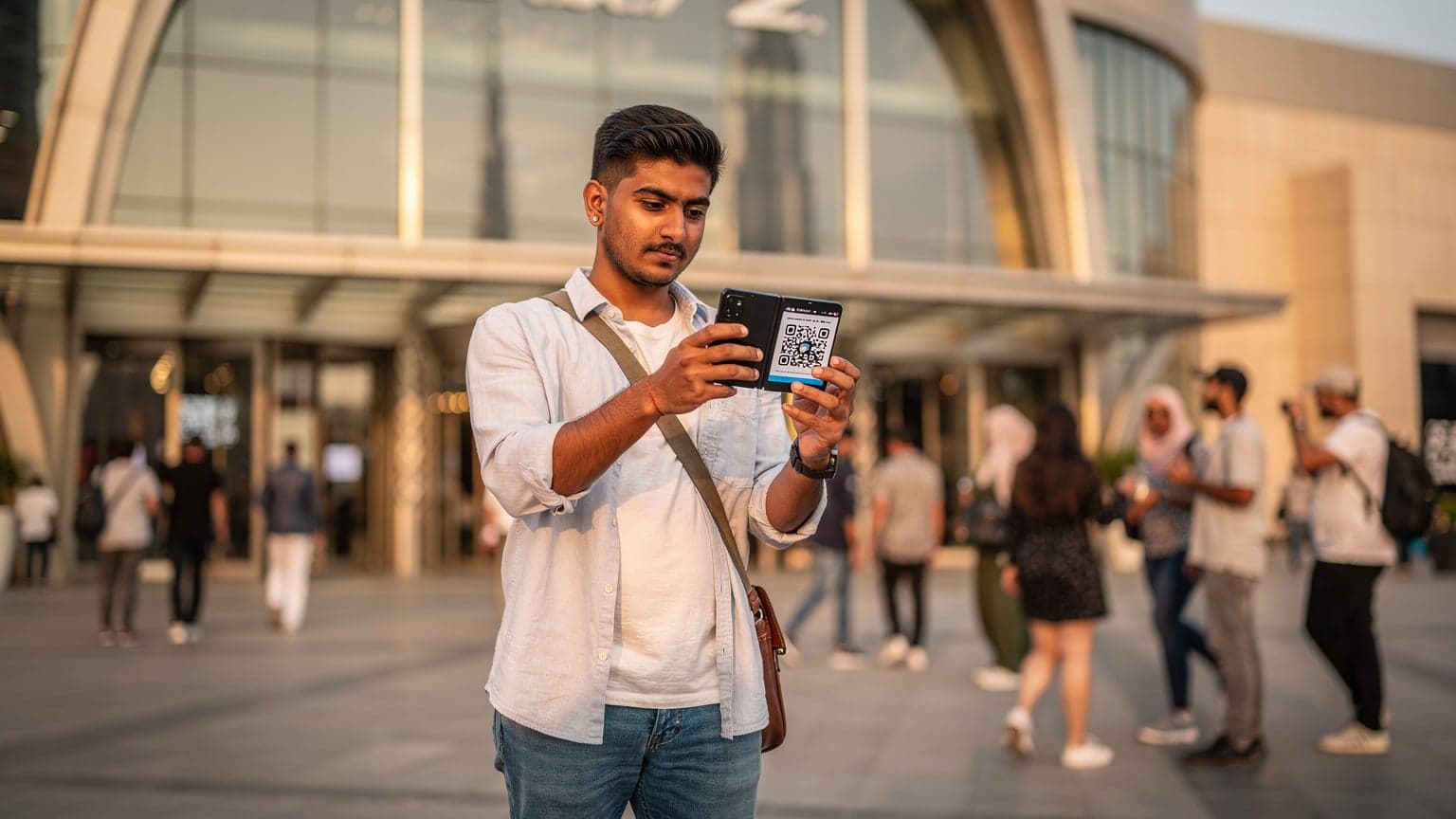 एक भारतीय यात्री दुबई मॉल के सामने अपने Samsung Galaxy Z Fold 7 पर eSIM एक्टिवेट कर रहा है।