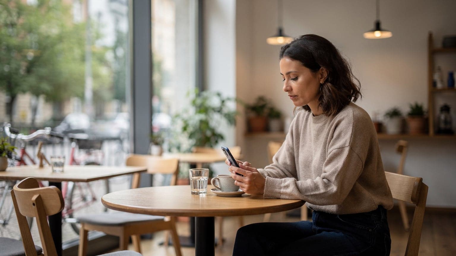 Eine Frau sitzt entspannt an einem Tisch in einem Café im Berliner Prenzlauer Berg, ihr Smartphone und eine Tasse Kaffee sind neben ihr platziert, während sie auf eine Karte blickt.