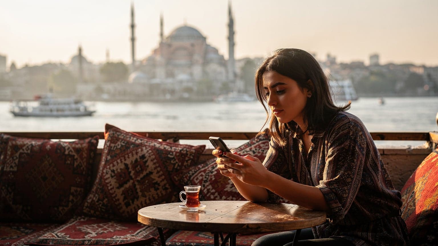 İstanbul'un tarihi yarımadasına bakan bir terasta oturan bir kadın, elindeki akıllı telefonunda WhatsApp sohbetlerini kontrol ediyor, arka planda Boğaz ve tarihi yapılar net bir şekilde görünüyor.