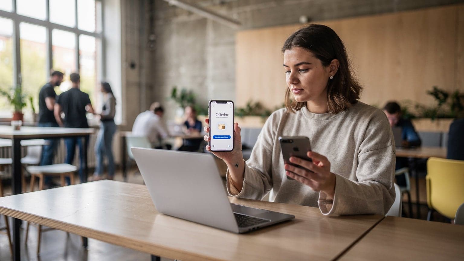 Eine junge Frau in einem Co-Working Space in Berlin-Mitte arbeitet konzentriert an ihrem Laptop, während sie ihr Smartphone mit einer eSIM-Bestätigung in der Hand hält.