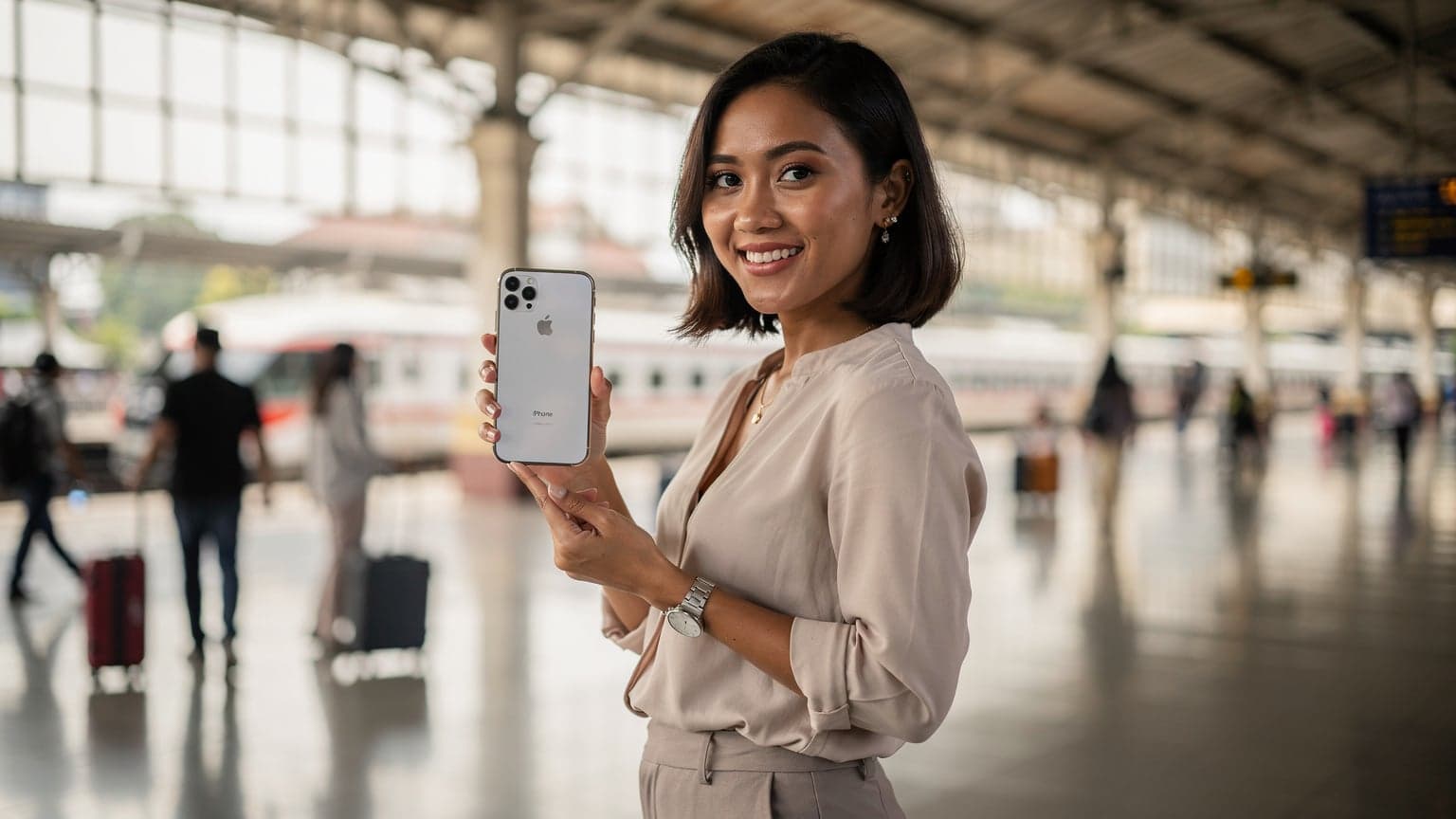 Seorang wanita tersenyum sambil memegang iPhone baru di tangan kirinya, dengan pemandangan hiruk pikuk Stasiun Gambir di Jakarta Pusat sebagai latar belakang, menunjukkan kesiapan untuk bepergian.